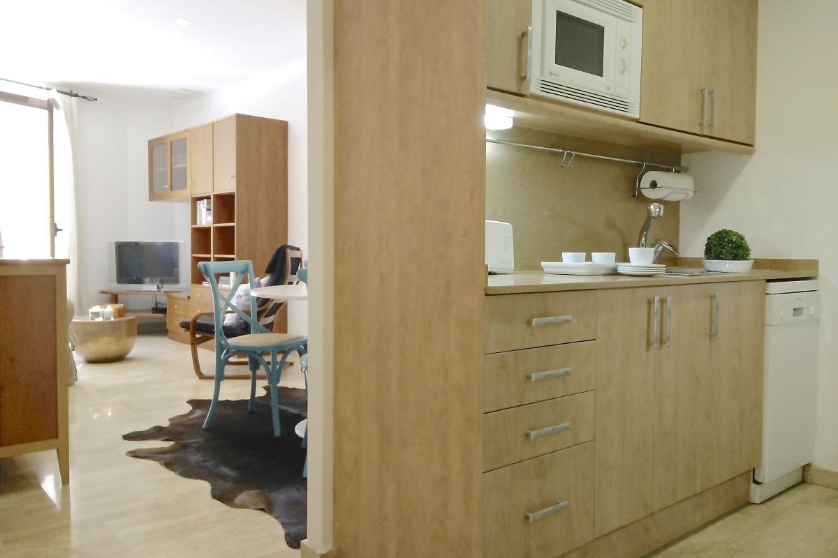 modern private kitchen with induction range top at Neo apartment for rent in Barcelona to cook the fresh produce of the local markets in the Eixample area of Barcelona