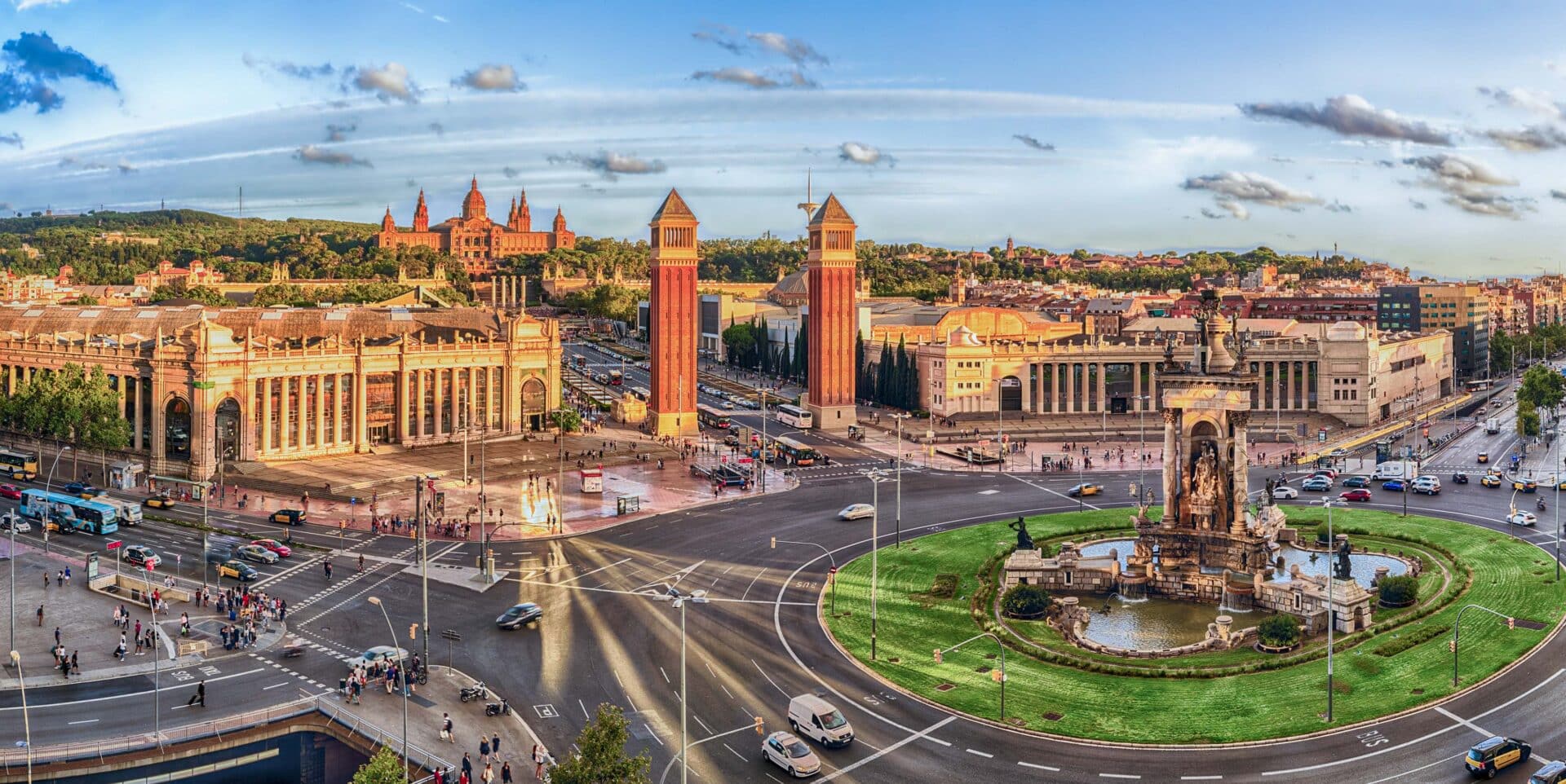 Panoramic view of Placa d'Espanya. This iconic square is located at the foot of Montjuic and it's a major landmark in Barcelona, Catalonia, Spain
