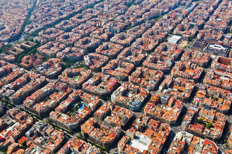 Barcelona Eixample grid seen from above.