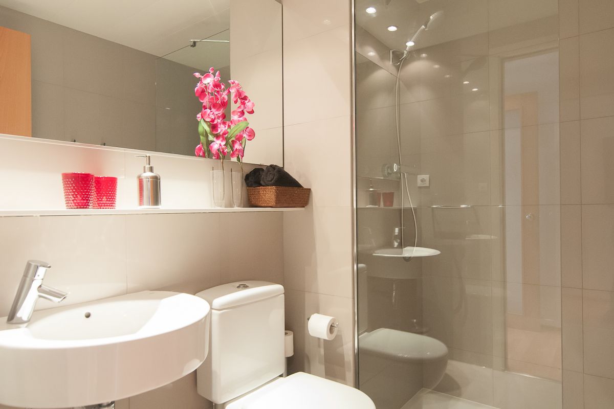 the second bathroom of the Livingstone apartment in Barcelona has a built-in shower cabin