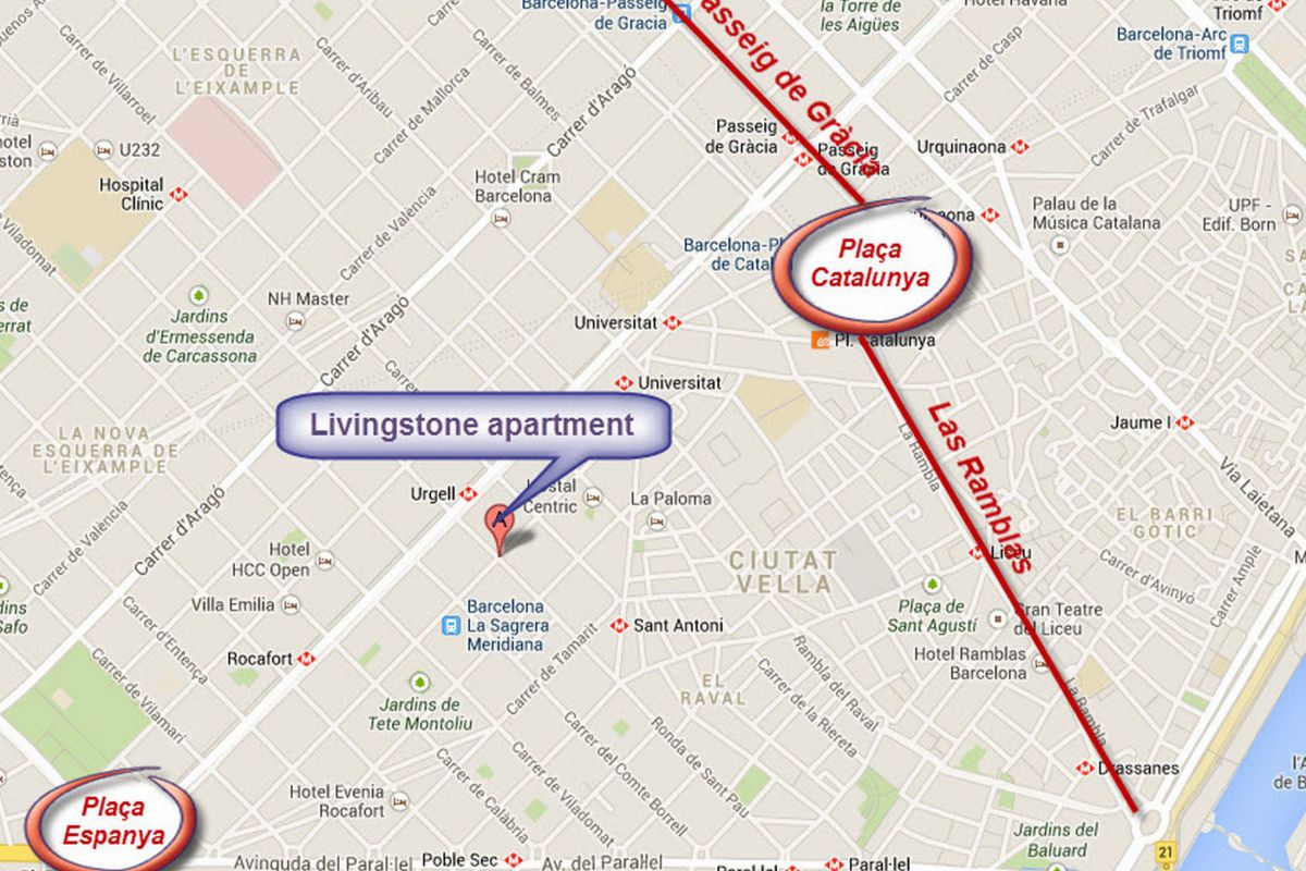 location map of the Livingstone apartment in Eixample Barcelona
