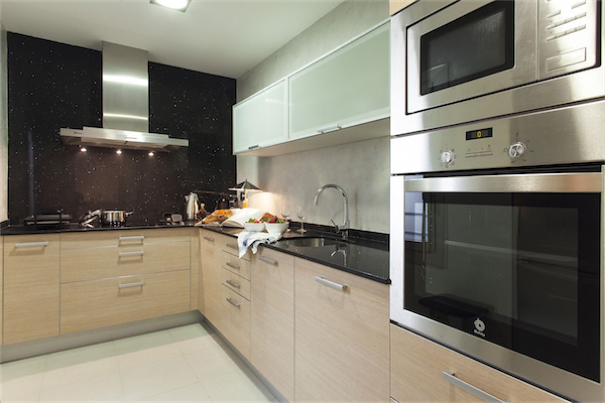 sleek modern kitchen with paneled apliances and black countertops