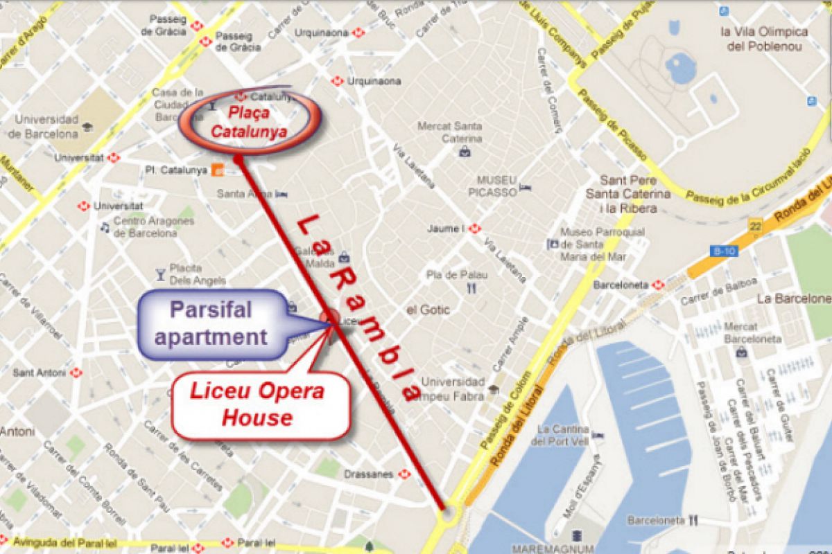 location map of the Parsifal apartment for rent in La Rambla Barcelona