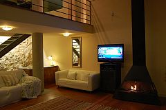 double-height living room with a fireplace and its wide large windows