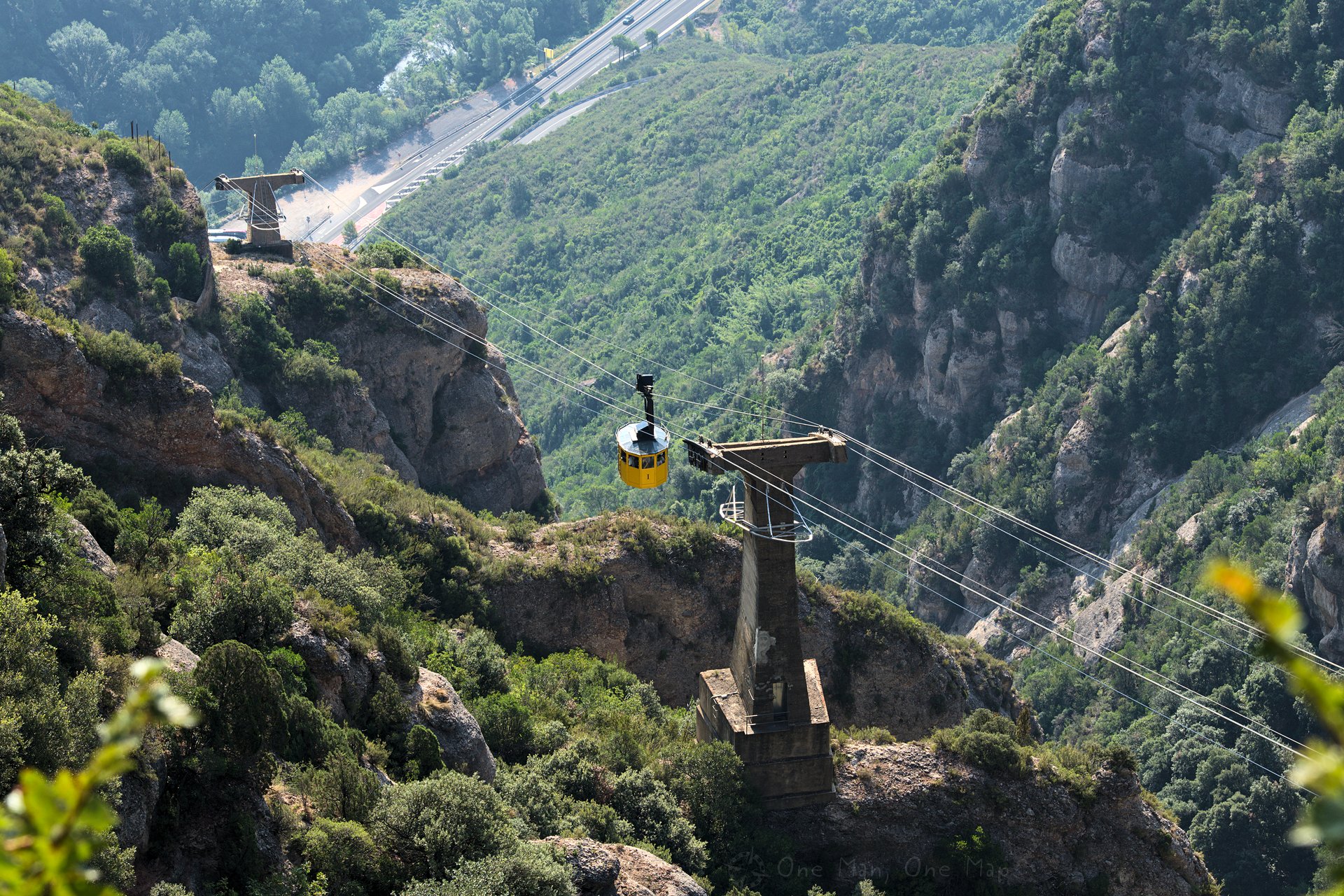 The Aeri de Montserrat cable car climbing towards the mountain's jagged peaks